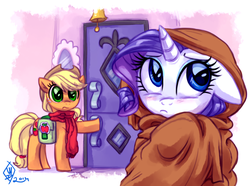 Size: 1075x800 | Tagged: safe, artist:whitediamonds, applejack, rarity, earth pony, pony, unicorn, rarijack daily, g4, applejack's hat, bag, bell, blanket, blushing, carousel boutique, clothes, cold, cowboy hat, doorbell, duo, duo female, female, freezing, hat, lesbian, mare, mirror, pouting, saddle bag, scarf, ship:rarijack, shipping
