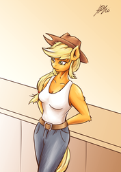 Size: 2894x4093 | Tagged: safe, artist:lovelyneckbeard, applejack, earth pony, anthro, g4, cleavage, clothes, cowboy hat, female, hat, solo, stetson, tank top