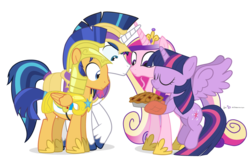 Size: 1040x660 | Tagged: safe, artist:dm29, flash sentry, princess cadance, shining armor, twilight sparkle, alicorn, pegasus, pony, unicorn, g4, armor, female, group, male, mare, oven mitts, pie, pie seduce, quartet, royal guard, simple background, stallion, transparent background, twilight sparkle (alicorn), vector