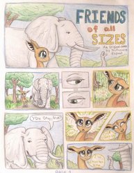 Size: 786x1016 | Tagged: safe, artist:thefriendlyelephant, oc, oc only, oc:nuk, oc:obi, antelope, elephant, gerenuk, comic:friends of all sizes, animal in mlp form, big ears, comic, concerned, cute, duo, lying, sigh, traditional art, tree