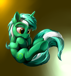 Size: 1337x1417 | Tagged: safe, artist:nadnerbd, lyra heartstrings, pony, unicorn, g4, female, fetal position, gradient background, mare, smiling, solo, underhoof