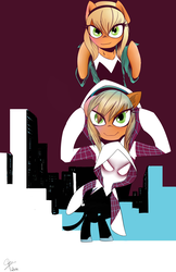 Size: 1596x2466 | Tagged: safe, artist:supermare, applejack, earth pony, pony, g4, edge of spider-verse, gwen stacy, marvel, ponified, spider-gwen, spider-woman