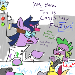 Size: 800x800 | Tagged: safe, artist:jargon scott, spike, twilight sparkle, oc, oc:mismatch, g4, barb, clothes, comic, dusk shine, frankenpony, frankenstein's monster, lab coat, laboratory, rule 63