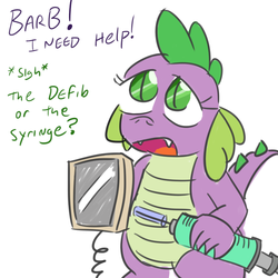 Size: 800x800 | Tagged: safe, artist:jargon scott, spike, g4, barb, defibrillator, dialogue, rule 63, syringe