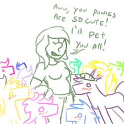 Size: 800x800 | Tagged: safe, artist:jargon scott, oc, oc only, oc:anon, oc:femanon, pony, blushing, crowd, dialogue, male, petting, stallion