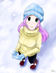 Size: 1700x2200 | Tagged: safe, artist:kprovido, fluttershy, human, g4, beanie, clothes, female, hat, humanized, snow, snowfall, solo, sweatershy