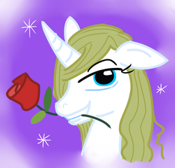 Size: 688x660 | Tagged: safe, artist:jargon scott, prince blueblood, pony, unicorn, g4, eyelashes, female, flower, flower in mouth, mouth hold, princess bluebelle, rose, rose in mouth, rule 63