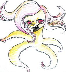 Size: 934x1024 | Tagged: dead source, safe, artist:yajima, fluttershy, octopus, g4, female, fluttertako, horizontal pupils, open mouth, simple background, solo, traditional art, transformation, white background