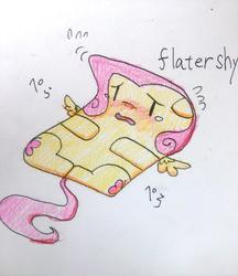 Size: 886x1024 | Tagged: safe, artist:yajima, fluttershy, g4, blushing, color, flattened, pun, solo, traditional art, transformation, visual pun