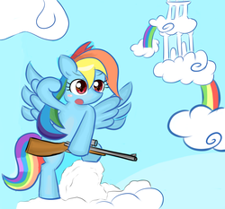 Size: 1583x1473 | Tagged: safe, artist:timorikawa, rainbow dash, g4, female, gun, pixiv, solo