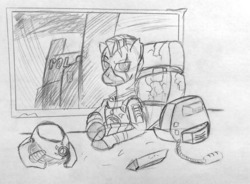 Size: 1280x941 | Tagged: safe, artist:elmutanto, oc, oc only, zebra, fallout equestria, armor, desk, monochrome, scar, sitting, sketch, soldier, traditional art, warrior