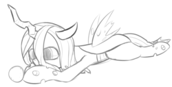 Size: 1175x596 | Tagged: safe, artist:thermalcake, queen chrysalis, changeling, changeling queen, nymph, g4, cute, cutealis, female, foal, food, fruit, lying down, monochrome, orange, prone, simple background, solo, white background