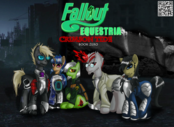 Size: 1280x935 | Tagged: safe, artist:elmutanto, oc, oc:black gallant, oc:grease junkie, oc:killerdose, oc:sparkplug, oc:white veil, earth pony, ghoul, pony, undead, unicorn, fallout equestria, fallout equestria: crimson tide, armor, fanfic art, group shot, magic, title, writing