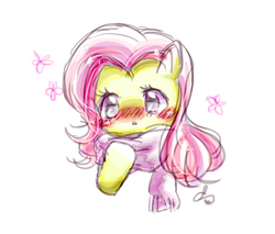 Size: 837x712 | Tagged: safe, artist:fuwaffle, fluttershy, g4, blushing, clothes, female, scarf, simple background, solo