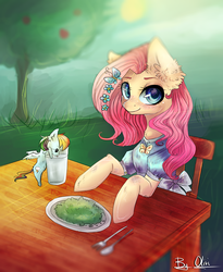 Size: 1916x2340 | Tagged: safe, artist:olivineal, fluttershy, rainbow dash, g4, alfalfa, chair, clothes, dress, ear fluff, flower in hair, food, sitting, smiling, tiny ponies