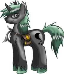 Size: 1280x1483 | Tagged: safe, artist:elmutanto, oc, oc only, oc:eclipse shade, bat pony, bat pony unicorn, pony, unicorn, wingless bat pony, bag, cat eyes, chakram, male, slit pupils, solo, stallion, weapon