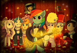 Size: 1400x969 | Tagged: safe, artist:keterok, carrot top, discord, fancypants, fleur-de-lis, golden harvest, lilac sky, rainbow dash, human, pony, g4, bipedal, guitar, irl, irl human, looking at you, ostap bender, photo, song reference, the offspring, the twelve chairs
