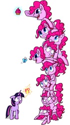 Size: 640x1136 | Tagged: safe, artist:vdru7, pinkie pie, twilight sparkle, butterfly, earth pony, pony, g4, clone, derp, faceplant, faic, female, floppy ears, looking at you, magic, mare, multeity, one eye closed, open mouth, pinkie clone, pixiv, simple background, smiling, sweat, telekinesis, tongue out, too much pink energy is dangerous, tower of pony, white background