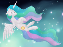 Size: 1000x750 | Tagged: safe, artist:helen3, princess celestia, alicorn, pony, g4, female, floating, mare, peaceful, sleeping, sleeping while flying, solo, space, stars