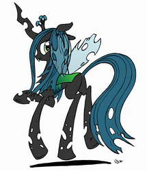 Size: 600x697 | Tagged: safe, artist:yewdee, queen chrysalis, changeling, changeling queen, g4, bouncing, crown, female, jewelry, looking back, regalia, smiling, solo, transparent wings, wings