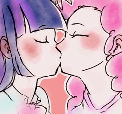 Size: 320x300 | Tagged: safe, artist:chi-hayu, pinkie pie, twilight sparkle, human, g4, blushing, clothes, duo, equestria girls outfit, female, humanized, kiss on the lips, kissing, lesbian, light skin, ship:twinkie, shipping