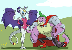 Size: 2799x1926 | Tagged: safe, artist:multiversecafe, rarity, spike, dragon, anthro, g4, armor, beefspike, cape, cloak, clothes, dragoness, dragonified, female, jewelry, kneeling, leotard, male, raridragon, ship:sparity, shipping, species swap, spread wings, straight, tiara