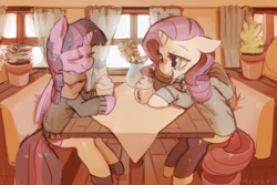 Size: 1500x1000 | Tagged: safe, artist:mewball, rarity, twilight sparkle, alicorn, pony, g4, cafe, clothes, cottagecore, duo, duo female, female, hot chocolate, mare, scarf, sitting, twilight sparkle (alicorn)