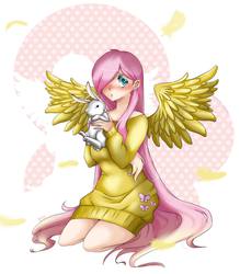 Size: 1790x2048 | Tagged: safe, artist:malice-artworks, angel bunny, fluttershy, human, g4, clothes, female, humanized, solo, sweatershy, winged humanization