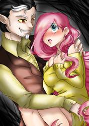 Size: 1448x2048 | Tagged: safe, artist:malice-artworks, discord, fluttershy, human, g4, blushing, clothes, female, humanized, male, off shoulder, ship:discoshy, shipping, straight