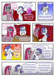 Size: 2480x3508 | Tagged: safe, artist:drhikari, pinkie pie, rarity, pony, comic:dealing with depression, g4, clothes, comic, cookie, couch, cross-popping veins, crying, eating, fire, floppy ears, food, high res, pinkamena diane pie, plate, scarf