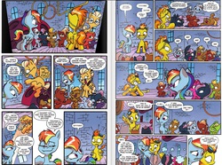 Size: 1199x892 | Tagged: safe, artist:jay fosgitt, idw, miss kitty (idw), rainbow dash, spitfire, pegasus, pony, friends forever #11, g4, my little pony: friends forever, spoiler:comic, goggles, idw advertisement, preview