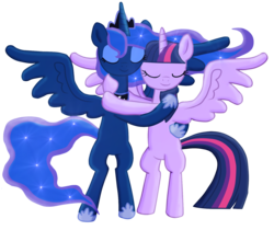 Size: 1524x1280 | Tagged: safe, artist:diren-chan, artist:majkashinoda626, princess luna, twilight sparkle, alicorn, pony, g4, bipedal, eyes closed, female, hug, lesbian, mare, ship:twiluna, shipping, simple background, smiling, spread wings, transparent background, twilight sparkle (alicorn)