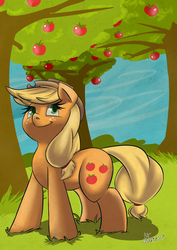 Size: 2480x3507 | Tagged: safe, artist:atane27, applejack, g4, female, high res, smiling, solo, tree