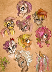 Size: 600x825 | Tagged: safe, artist:arnne, applejack, fluttershy, mane-iac, pinkie pie, princess celestia, princess luna, rainbow dash, rarity, twilight sparkle, g4, alternate hairstyle, blushing, mane six, messy mane, traditional art