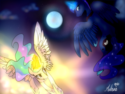 Size: 1024x768 | Tagged: safe, artist:rflzqt, princess celestia, princess luna, g4, moon