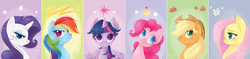 Size: 1280x301 | Tagged: safe, artist:cindre, applejack, fluttershy, pinkie pie, rainbow dash, rarity, twilight sparkle, alicorn, pony, g4, female, mane six, mare, portrait, twilight sparkle (alicorn)