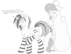 Size: 1280x974 | Tagged: safe, artist:capseys, dj pon-3, octavia melody, vinyl scratch, g4, blushing, clothes, female, lesbian, monochrome, ship:scratchtavia, shipping, socks