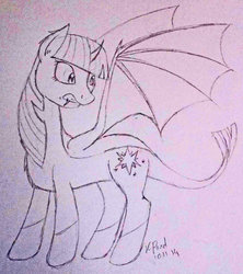 Size: 842x950 | Tagged: safe, artist:missitofu, twilight sparkle, alicorn, dracony, pony, g4, female, mare, monochrome, solo, traditional art, twilight sparkle (alicorn)