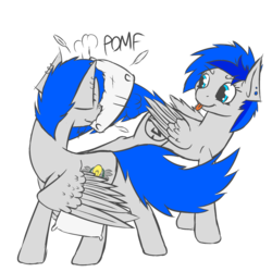Size: 2000x2000 | Tagged: safe, artist:jordo76, oc, oc only, oc:sapphire sights, oc:wingedthoughts, pegasus, pony, fallout equestria, high res, pillow fight, sibling teasing, tongue out