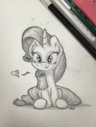 Size: 2448x3264 | Tagged: safe, artist:bobdude0, rarity, g4, female, heart, high res, monochrome, pencil, pencil drawing, photo, sketch, solo, traditional art
