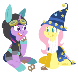 Size: 1000x956 | Tagged: safe, artist:coggler, fluttershy, star swirl the bearded, twilight sparkle, alicorn, pegasus, pony, g4, bunny ears, clothes, clothes swap, costume, dangerous mission outfit, eating, female, goggles, hoodie, mare, pretzel, pretzel coordination, simple background, smiling, transparent background, twilight sparkle (alicorn)
