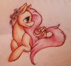 Size: 2048x1908 | Tagged: safe, artist:justalittleshadow, fluttershy, g4, female, flower in hair, solo, traditional art