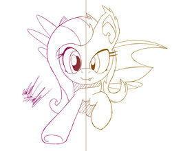 Size: 1024x901 | Tagged: safe, artist:fuzon-s, fluttershy, g4, duality, female, flutterbat, gradient lineart, looking at you, monochrome, parody, sketch, solo, sonic the hedgehog (series), sonic unleashed, spread wings, style emulation, underhoof