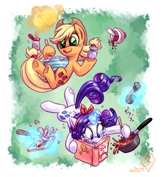 Size: 1750x1900 | Tagged: safe, artist:whitediamonds, applejack, rarity, earth pony, pony, unicorn, rarijack daily, g4, applejack's hat, bandana, book, bowl, cooking, cowboy hat, crying, duo, female, food, freckles, glowing, glowing horn, hat, horn, knife, lesbian, levitation, licking lips, magic, magic aura, mare, messy, mortar and pestle, onion, ship:rarijack, shipping, telekinesis, this will end in tears and/or breakfast, tongue out, tumblr