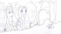 Size: 2376x1348 | Tagged: safe, artist:parallel black, fluttershy, g4, cedric (filly funtasia), crossover, filly (dracco), filly funtasia, forest, grave, monochrome, watermark, whitetail woods, wip