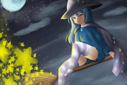 Size: 920x620 | Tagged: safe, artist:4 am, trixie, human, g4, broom, cape, clothes, cloud, cloudy, female, flying, flying broomstick, full moon, humanized, magic, moon, night, pixiv, sitting, socks, solo, stars, striped socks, thigh highs, trixie's cape, trixie's hat