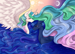 Size: 2200x1580 | Tagged: safe, artist:pastel-circus, princess celestia, princess luna, g4, crying, eyes closed, floppy ears, long mane, royal sisters, spread wings