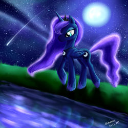 Size: 1024x1024 | Tagged: safe, artist:sinomin, princess luna, g4, female, moon, night, shooting star, solo, water