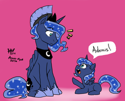 Size: 1024x826 | Tagged: dead source, safe, artist:annie-aya, artist:heroes-heaven, color edit, princess luna, alicorn, pony, g4, artemabetes, cute, duo, filly, helmet, open mouth, pink background, prince artemis, prone, rule 63, rule63betes, self ponidox, simple background, sitting, surprised, woona