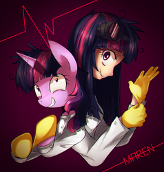 Size: 1142x1200 | Tagged: safe, artist:maren, twilight sparkle, human, g4, clothes, duality, duo, gloves, goggles, grin, human ponidox, humanized, lab coat, looking at you, mad scientist, twilight snapple